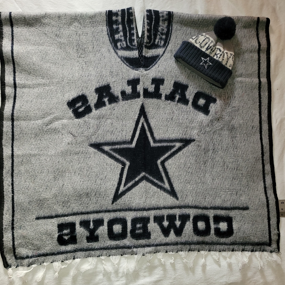 NFL Dallas Cowboys Gray and Black Poncho with Beanie